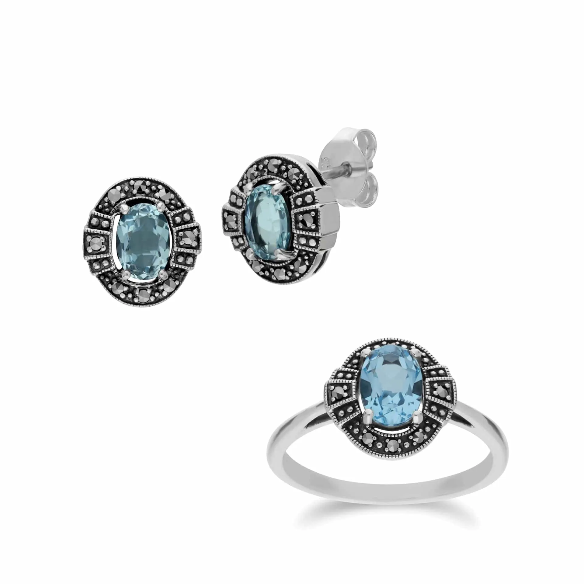 Art Deco Style Oval Blue Topaz and Marcasite Cluster Stud Earrings & Ring Set in 925 Sterling Silver sold by Gemondo Jewellery