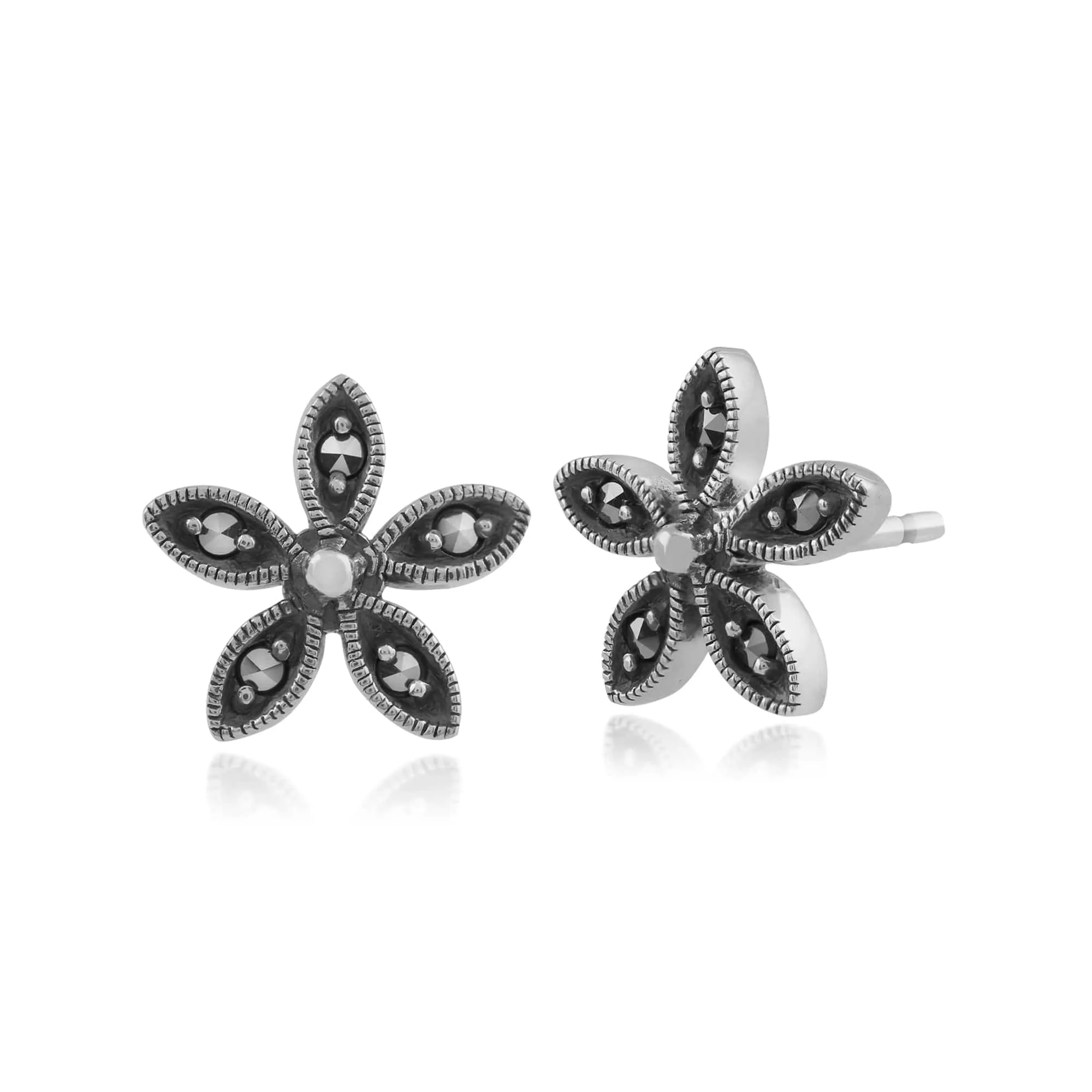 Floral Round Marcasite Flower Stud Earrings in 925 Sterling Silver sold by Gemondo Jewellery