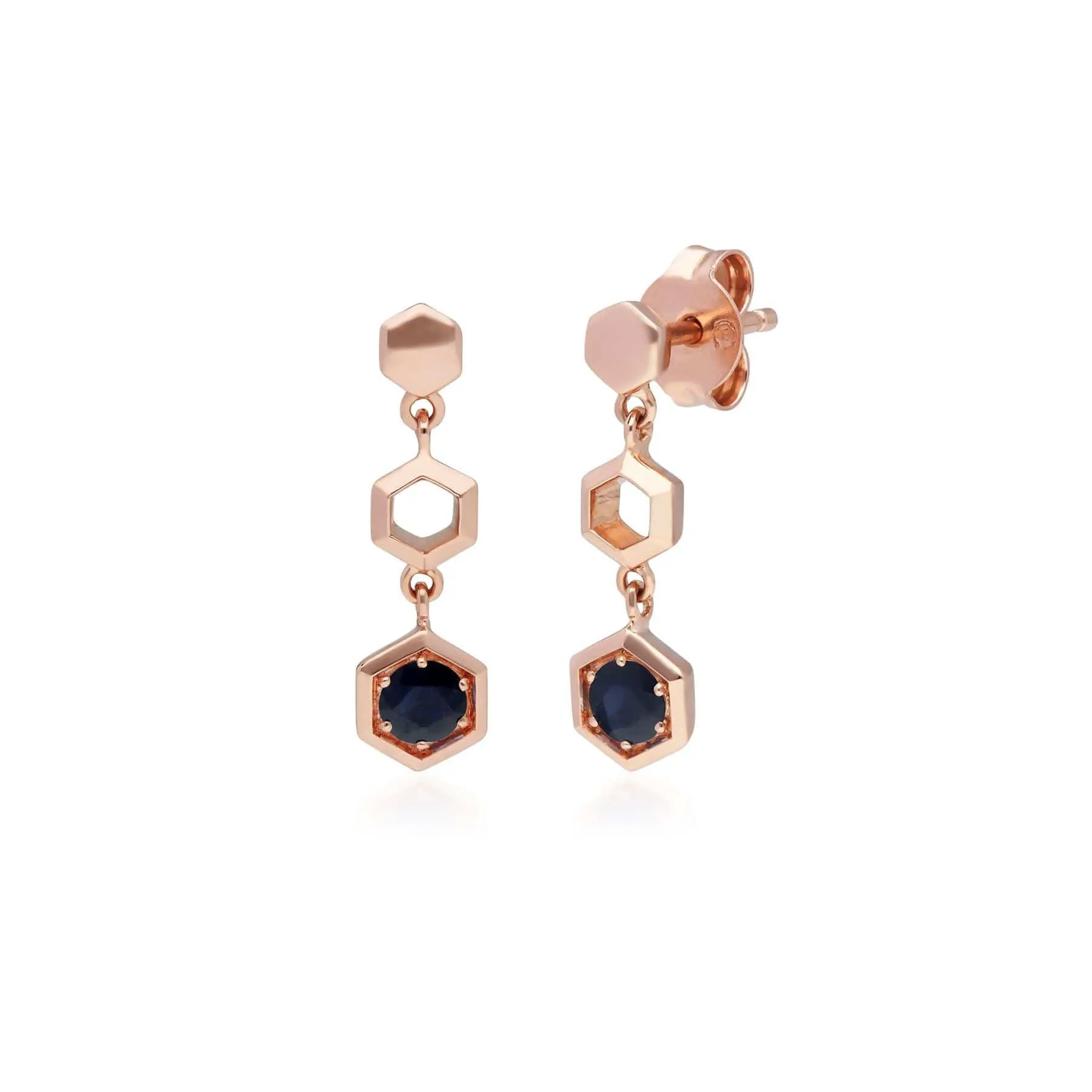 Honeycomb Inspired Blue Sapphire Drop Earrings in 9ct Rose Gold sold by Gemondo Jewellery