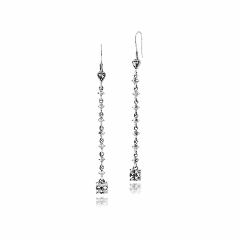 Art Deco Style Round Marcasite Long Dangle Drop Earrings in 925 Sterling Silver sold by Gemondo Jewellery