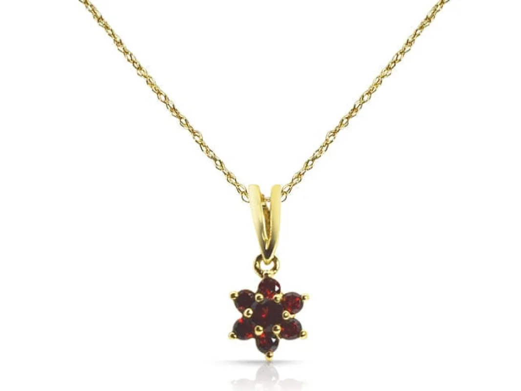 9ct Yellow Gold 0.32ct Garnet Floral Design Cluster Pendant on Chain sold by Gemondo Jewellery