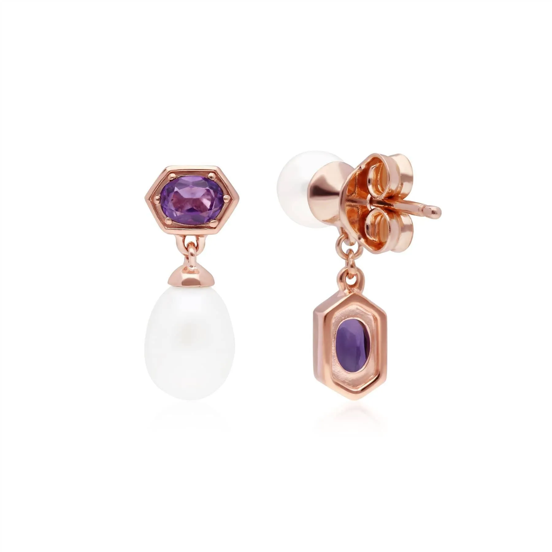 Modern Pearl & Amethyst Mismatched Drop Earrings in Rose Gold Plated Silver sold by Gemondo Jewellery product image thumbnail 3