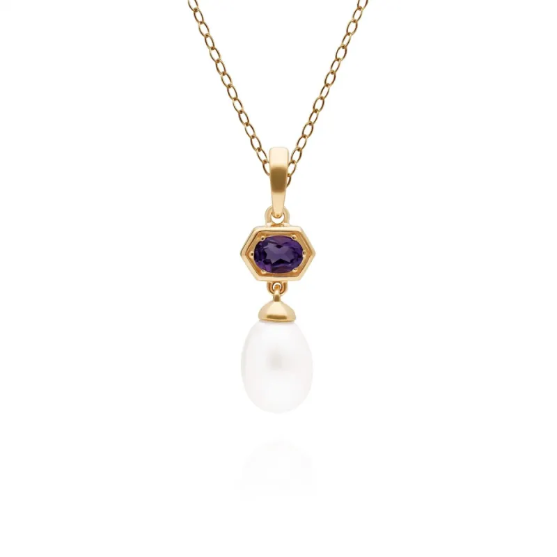 Modern Pearl & Amethyst Hexagon Drop Pendant in Gold Plated Silver sold by Gemondo Jewellery