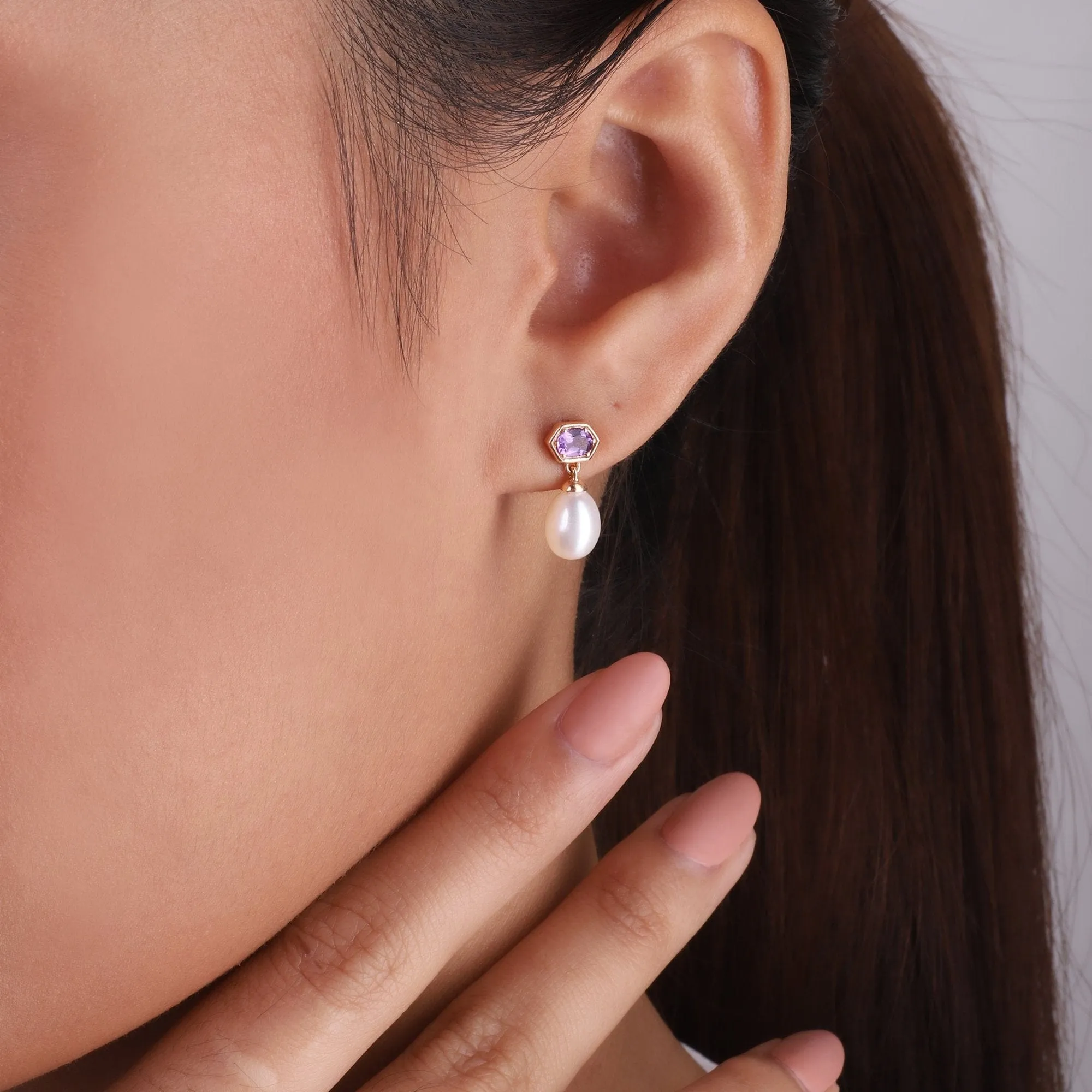 Modern Pearl & Amethyst Mismatched Drop Earrings in Rose Gold Plated Silver sold by Gemondo Jewellery product image thumbnail 2