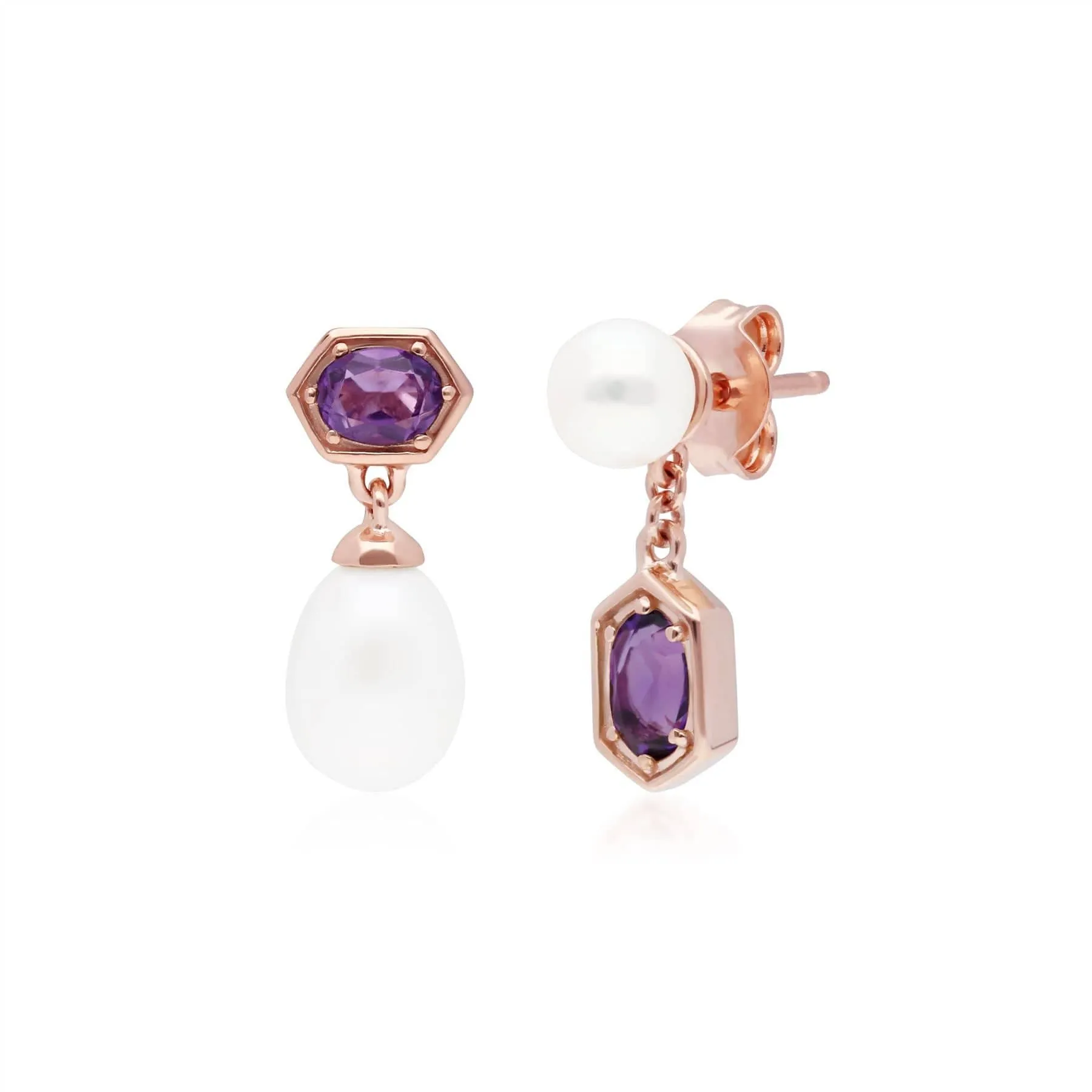 Modern Pearl & Amethyst Mismatched Drop Earrings in Rose Gold Plated Silver sold by Gemondo Jewellery