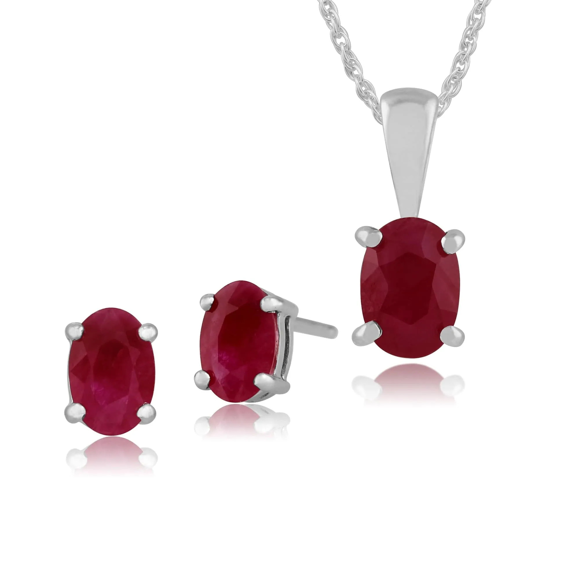 Classic Oval Ruby Single Stone Stud Earrings & Pendant Set in 9ct White Gold sold by Gemondo Jewellery