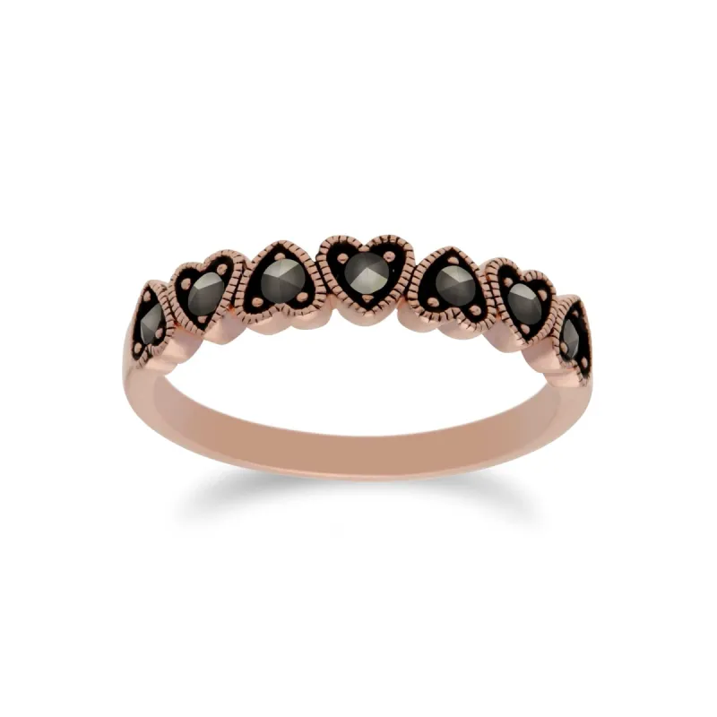 Rose Gold Plated Round Marcasite Heart Half Eternity Ring in 925 Sterling Silver sold by Gemondo Jewellery