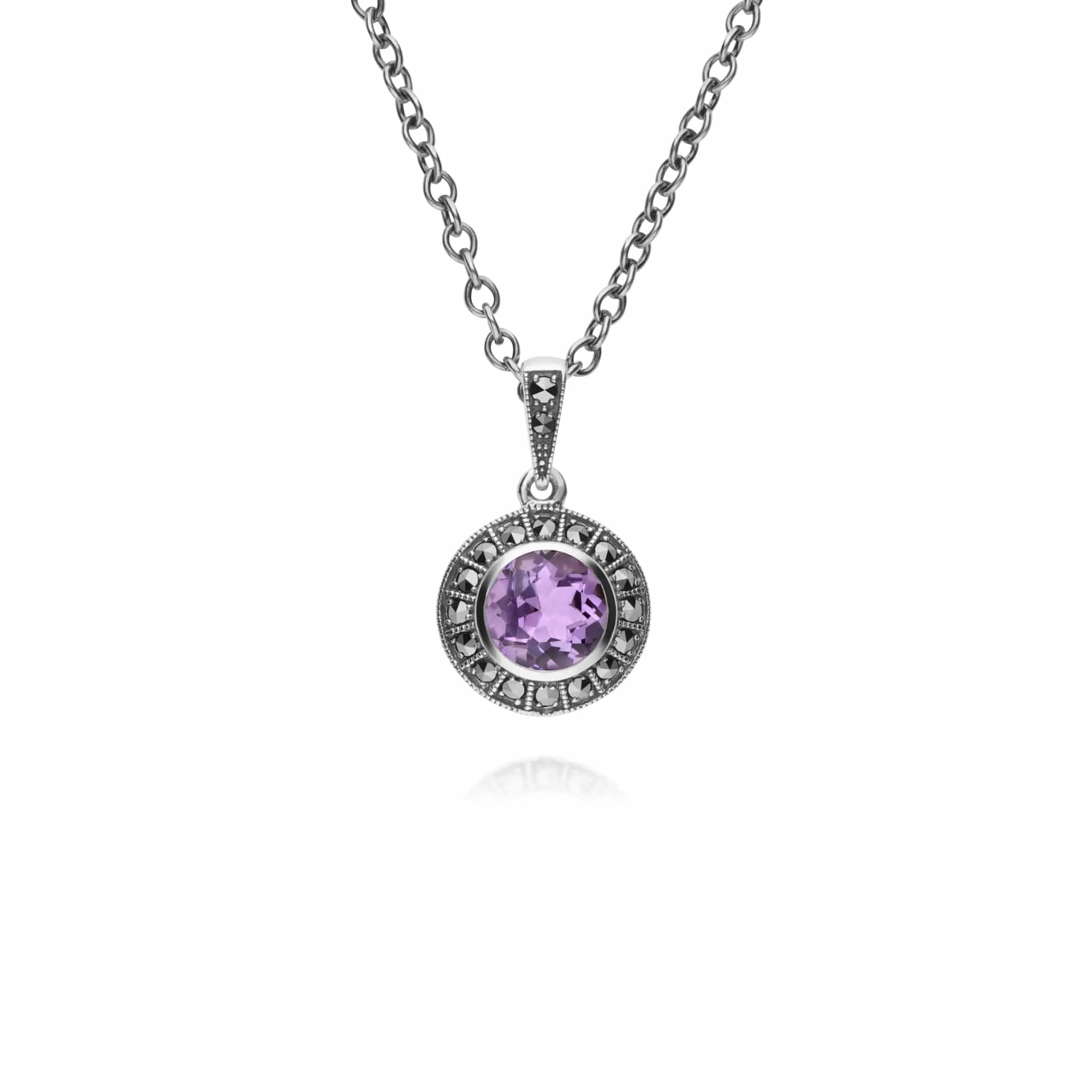 Gemondo Sterling Silver Round Amethyst and Marcasite Cluster 45cm Necklace sold by Gemondo Jewellery