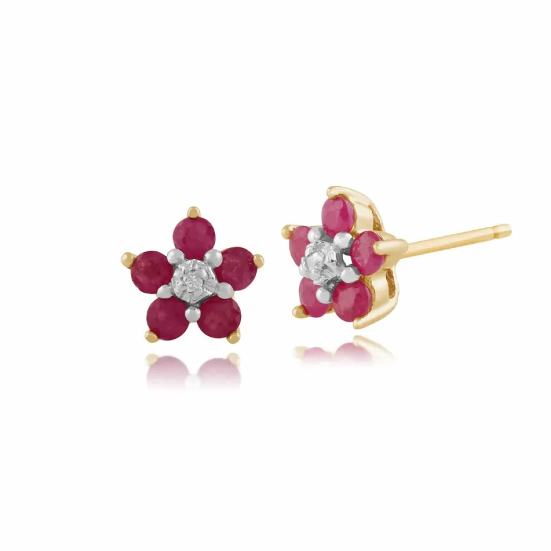 Floral Five Round Ruby & Diamond Cluster Stud Earrings in 9ct Yellow Gold sold by Gemondo Jewellery