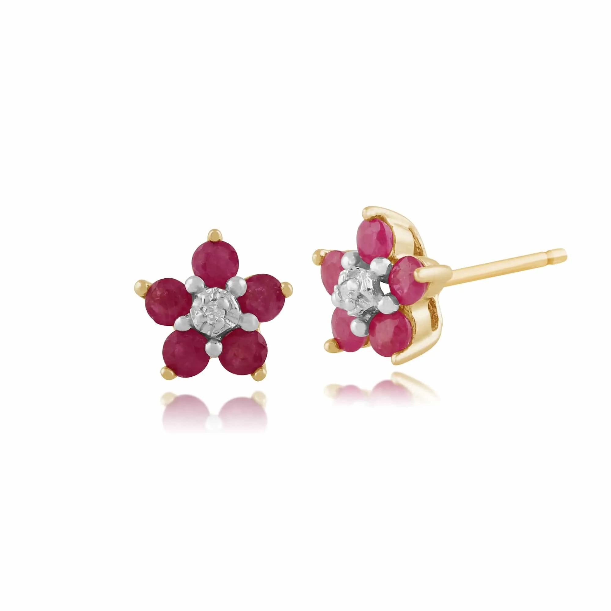 Floral Five Round Ruby & Diamond Cluster Stud Earrings in 9ct Yellow Gold sold by Gemondo Jewellery