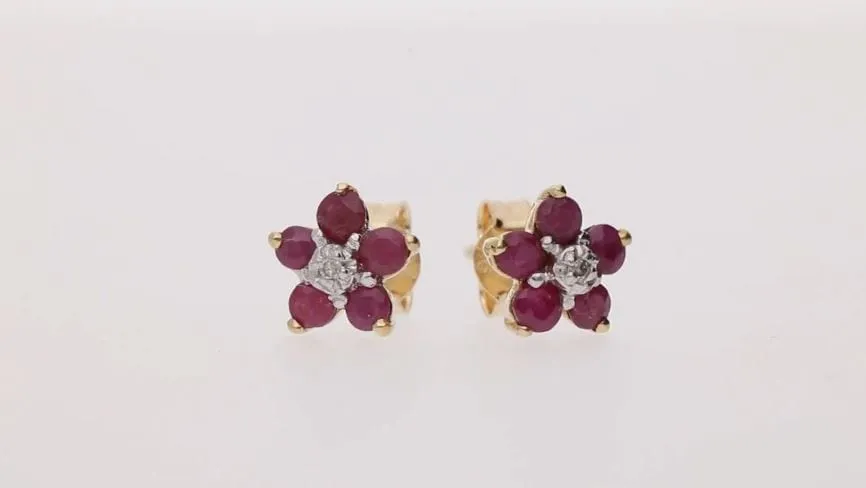 Floral Five Round Ruby & Diamond Cluster Stud Earrings in 9ct Yellow Gold sold by Gemondo Jewellery product image thumbnail 2