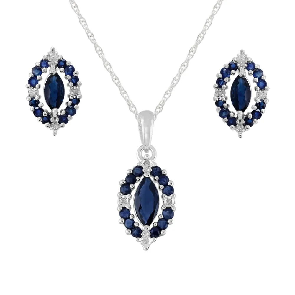 Classic Marquise Sapphire & Diamond Cluster Stud Earrings & Pendant Set in Sterling Silver sold by Gemondo Jewellery