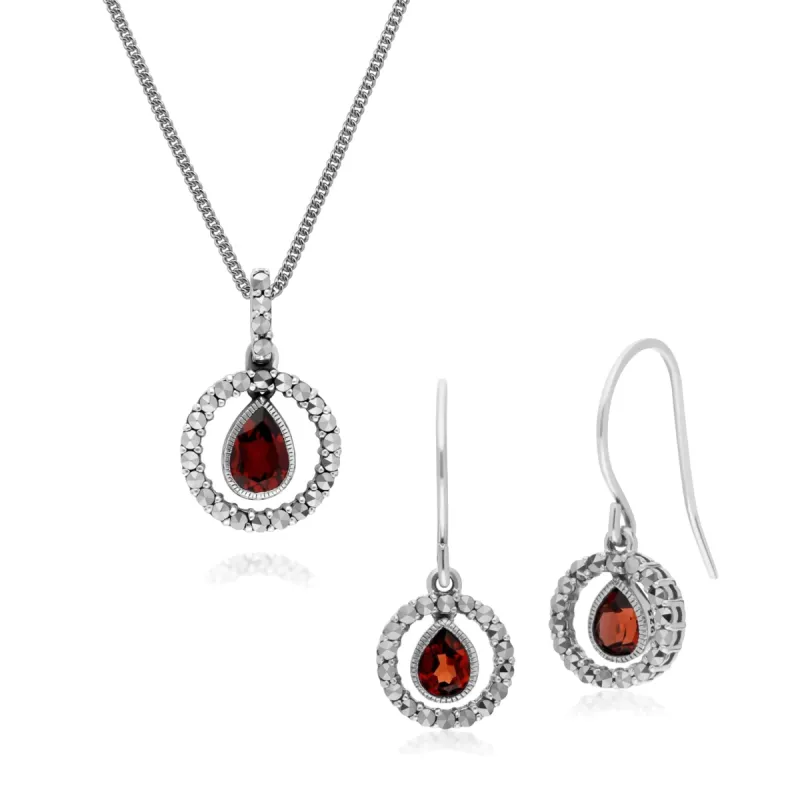 Classic Tear Drop Garnet & Marcasite Drop Earrings & 45cm Necklace Set sold by Gemondo Jewellery