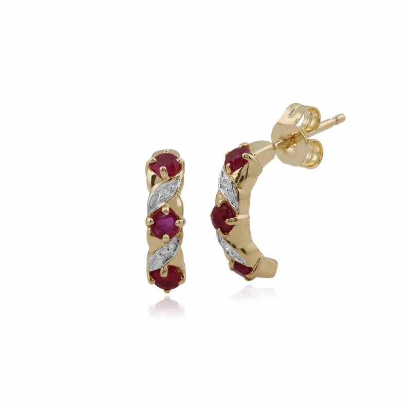 Art Nouveau Style Ruby & Diamond Half Hoop Earrings in 9ct Gold sold by Gemondo Jewellery