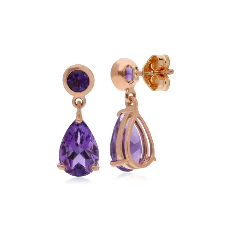 Classic Pear & Round Amethyst Drop Earrings in 9ct Rose Gold sold by Gemondo Jewellery