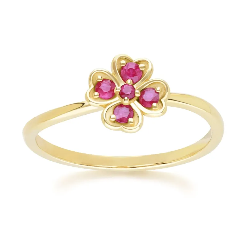 Gardenia Round Ruby Clover Ring in 9ct Yellow Gold sold by Gemondo Jewellery