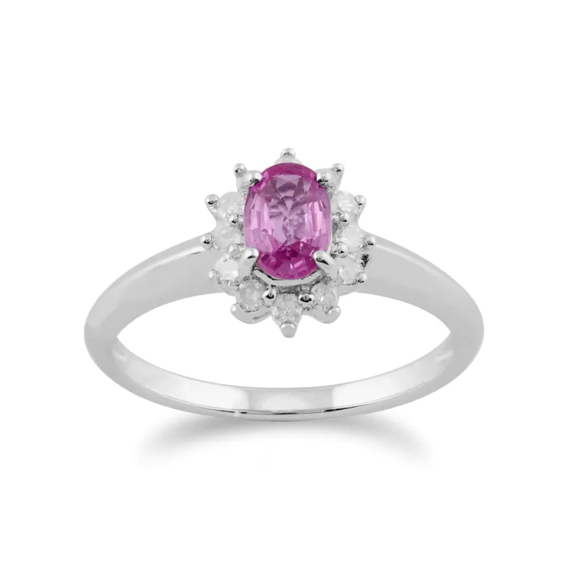 Classic Oval Pink Sapphire & Diamond Cluster Ring in 9ct White Gold sold by Gemondo Jewellery