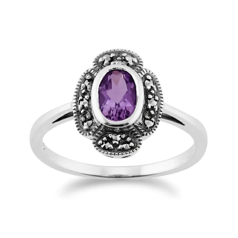 Art Deco Style Oval Amethyst & Marcasite Ring in 925 Sterling Silver sold by Gemondo Jewellery