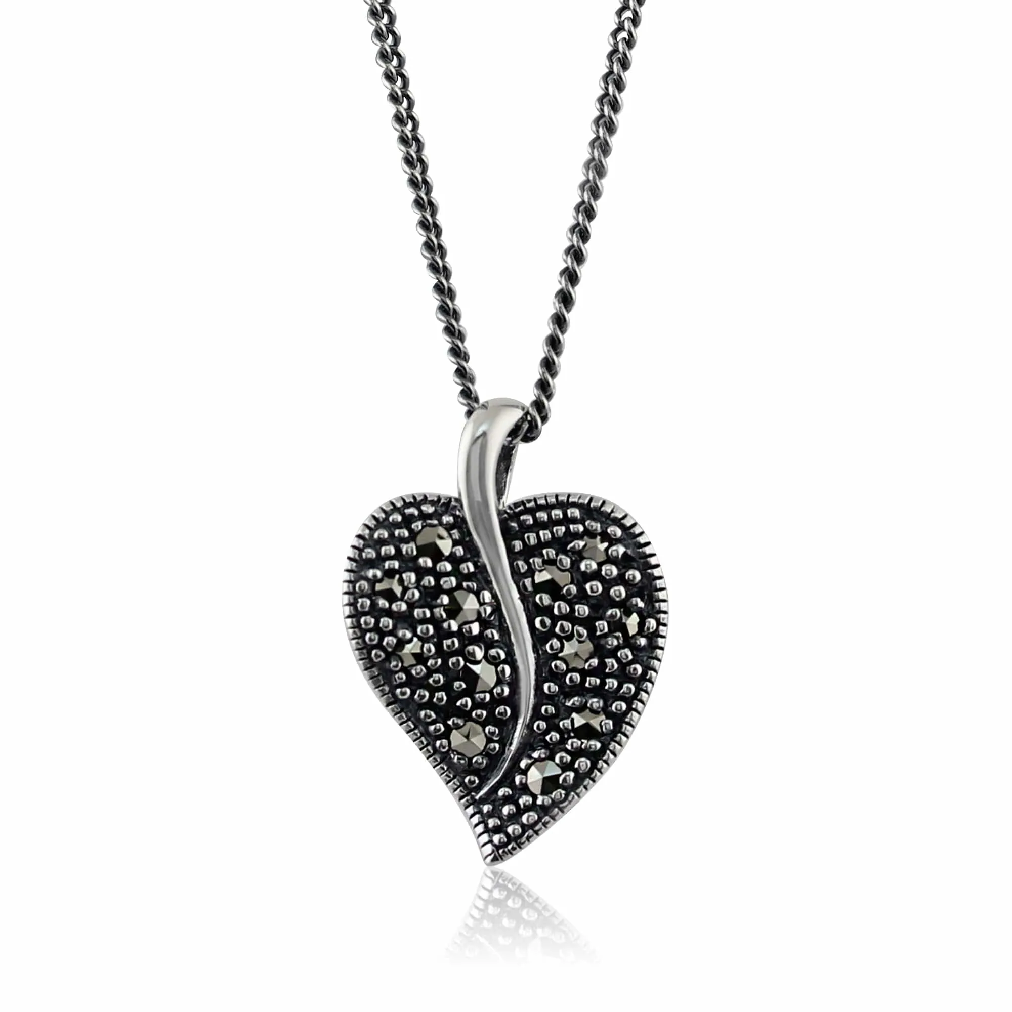 Art Nouveau Style Round Marcasite Leaf Swirl Pendant in 925 Sterling Silver sold by Gemondo Jewellery