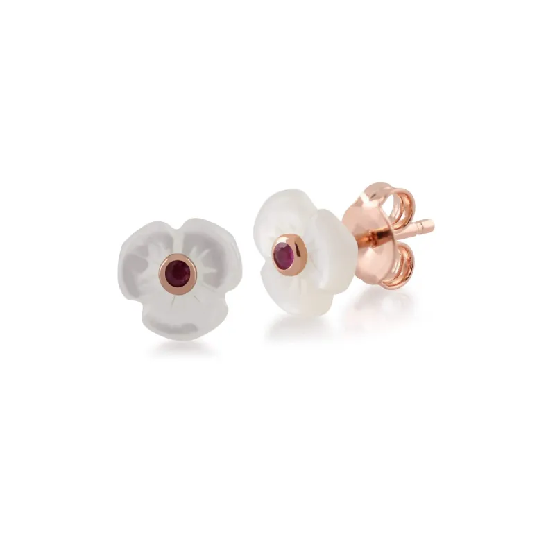 Floral Mother of Pearl & Round Ruby Poppy Stud Earrings in Rose Gold Plated 925 Sterling Silver sold by Gemondo Jewellery