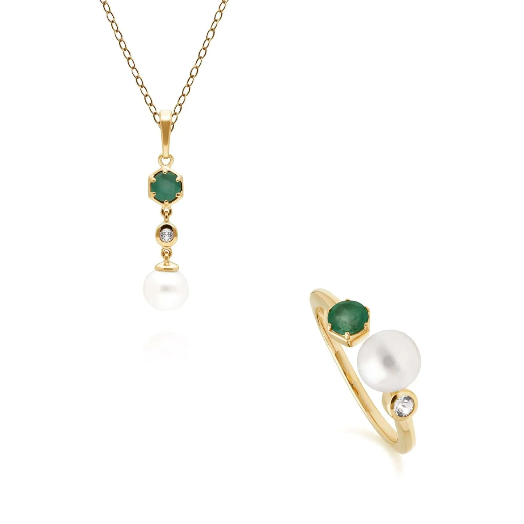 Modern Pearl, Topaz & Emerald Pendant & Ring Set in Gold Plated Silver sold by Gemondo Jewellery