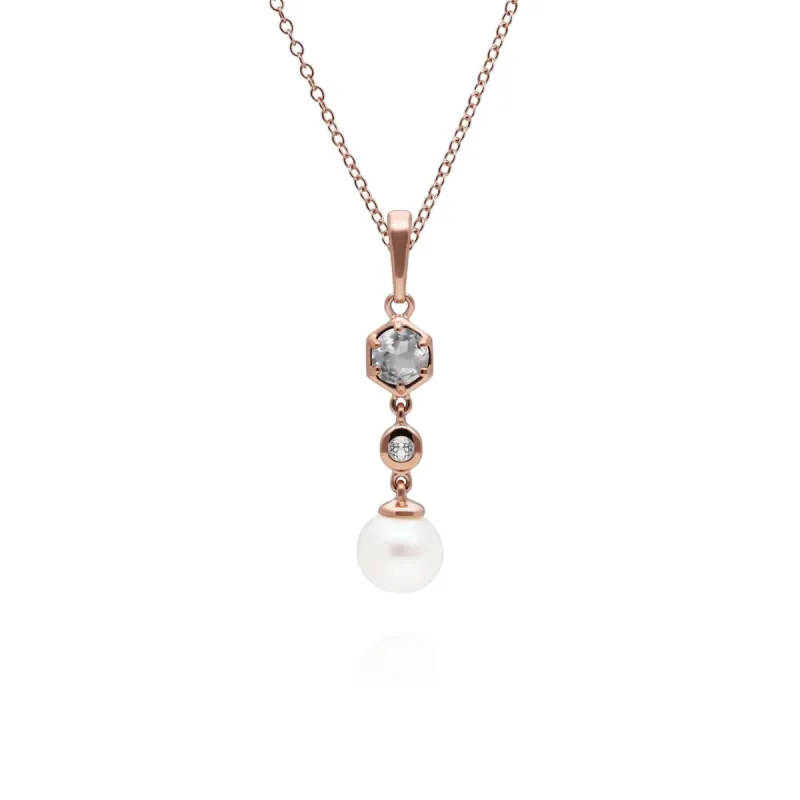Modern Pearl & White Topaz Drop Pendant in Rose Gold Plated Silver sold by Gemondo Jewellery
