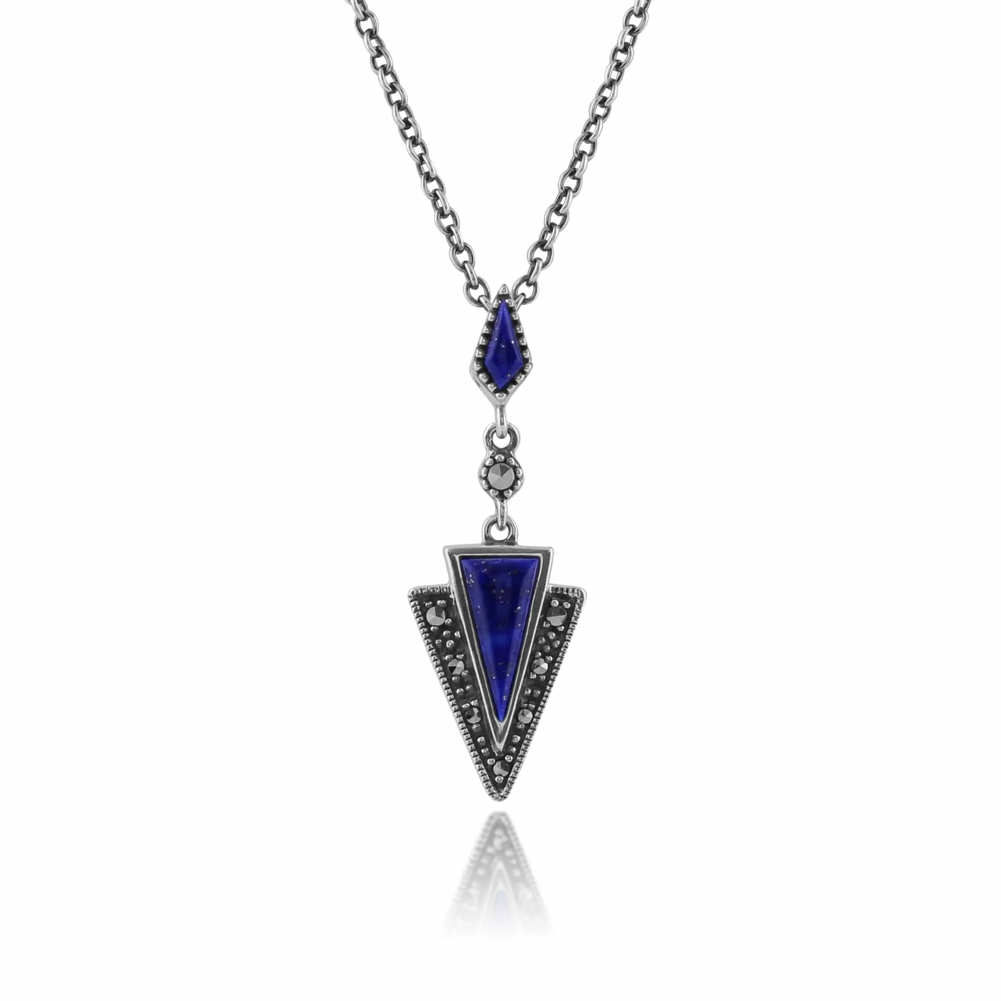 Art Deco Style Style Triangle Lapis Lazuli & Marcasite Drop Earrings & Necklace Set in 925 Sterling Silver sold by Gemondo Jewellery product image thumbnail 4