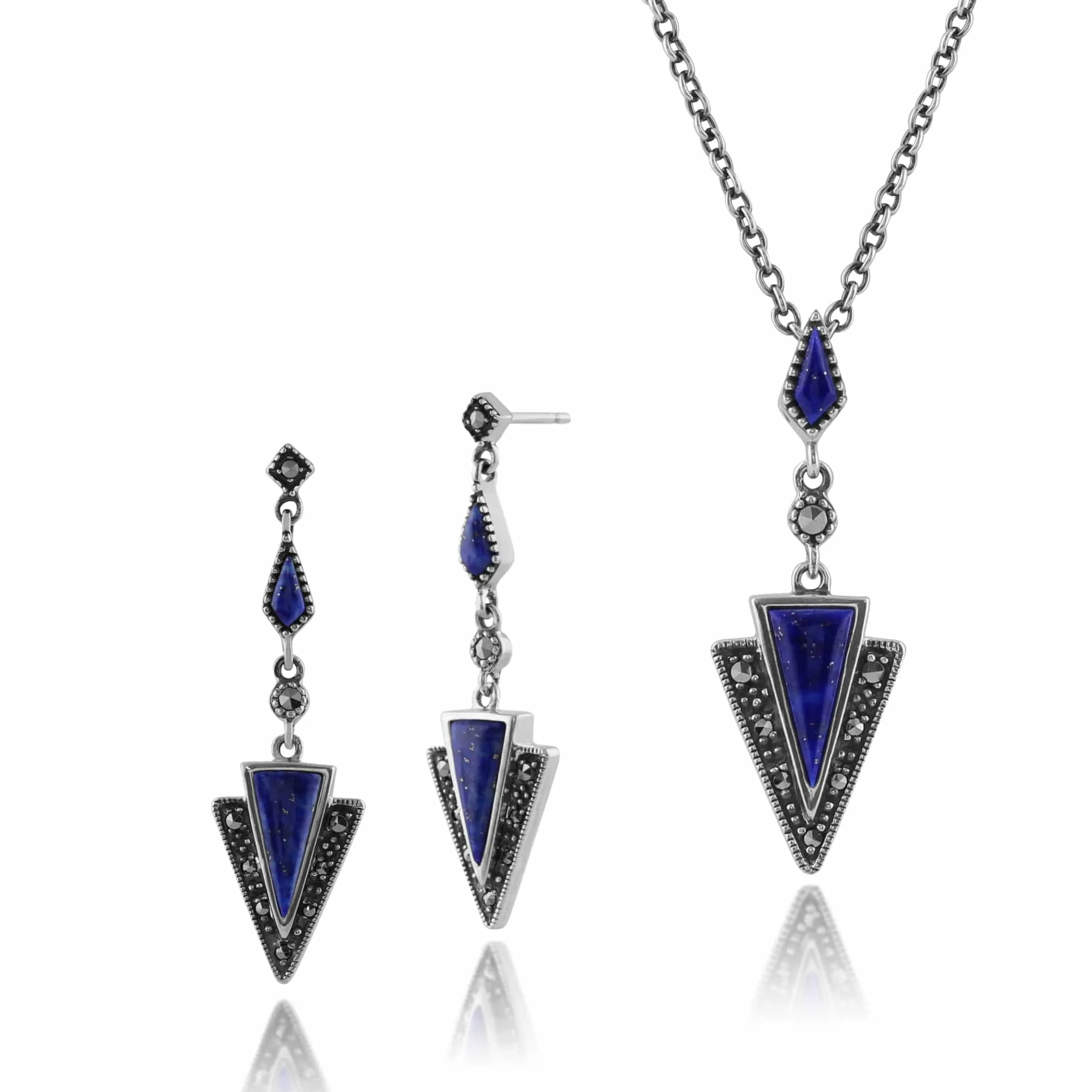 Art Deco Style Style Triangle Lapis Lazuli & Marcasite Drop Earrings & Necklace Set in 925 Sterling Silver sold by Gemondo Jewellery