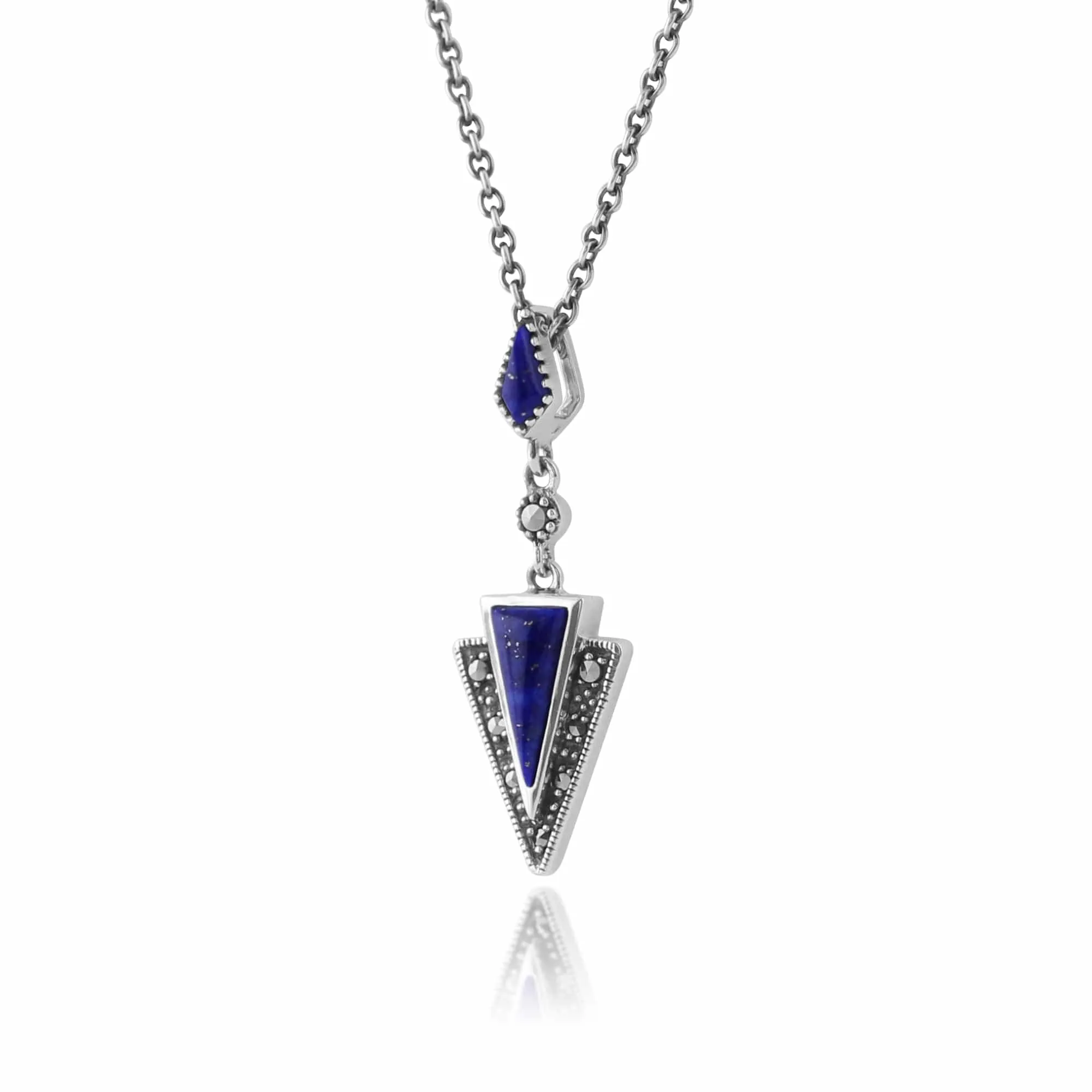 Art Deco Style Style Triangle Lapis Lazuli & Marcasite Drop Earrings & Necklace Set in 925 Sterling Silver sold by Gemondo Jewellery product image thumbnail 5