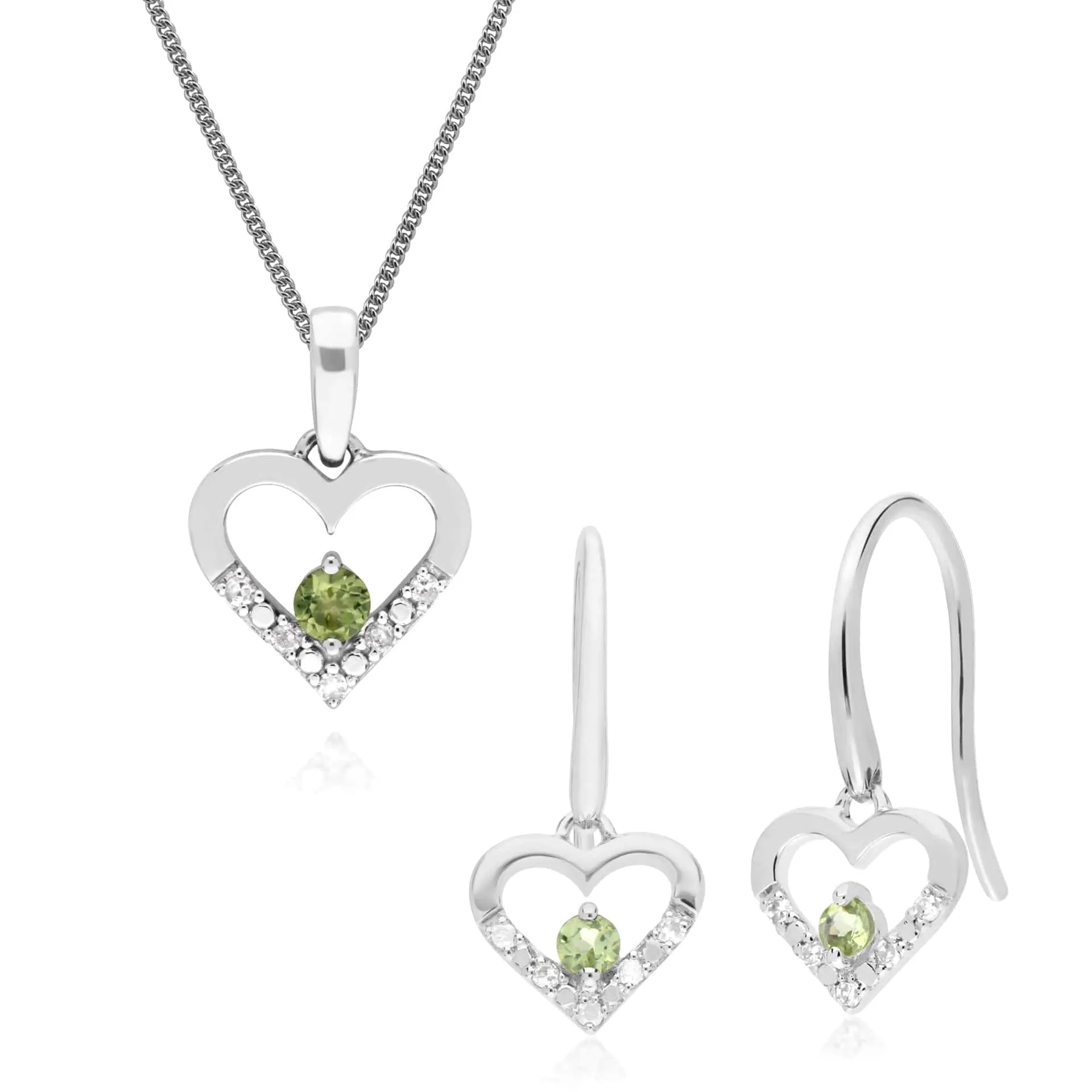 Classic Round Peridot & Diamond Heart Drop Earrings & Pendant Set in 9ct White Gold sold by Gemondo Jewellery