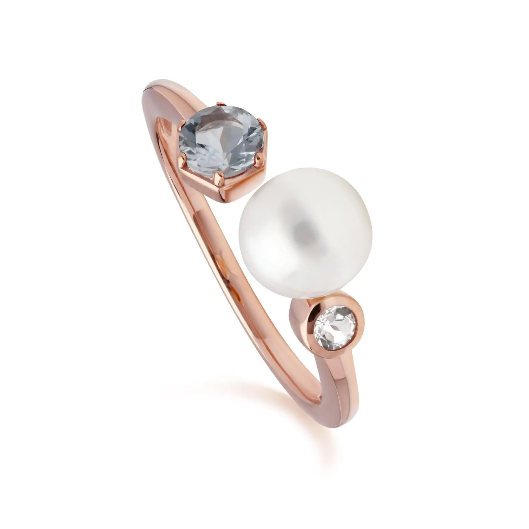 Modern Pearl, Aquamarine & Topaz Open Ring in Rose Gold Plated Silver sold by Gemondo Jewellery