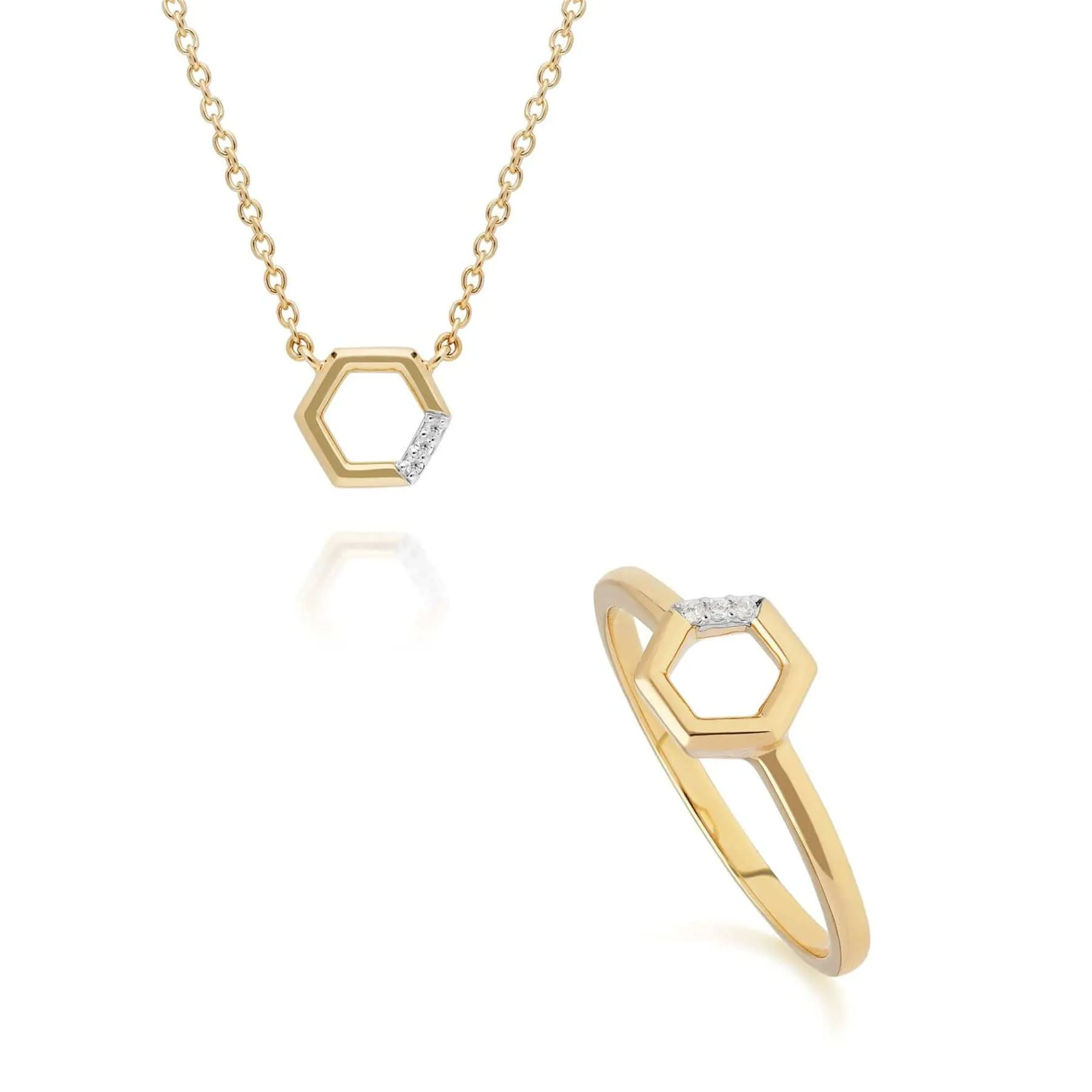 Diamond Pave Hexagon Necklace & Ring Set in 9ct Yellow Gold sold by Gemondo Jewellery
