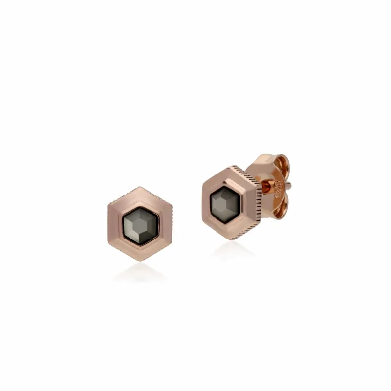Rose Gold Plated Hexagon Marcasite Stud Earrings in 925 Sterling Silver sold by Gemondo Jewellery