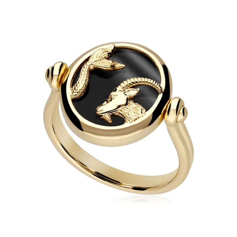 Zodiac Black Onyx Capricorn Flip Ring in 18ct Gold Plated Silver sold by Gemondo Jewellery