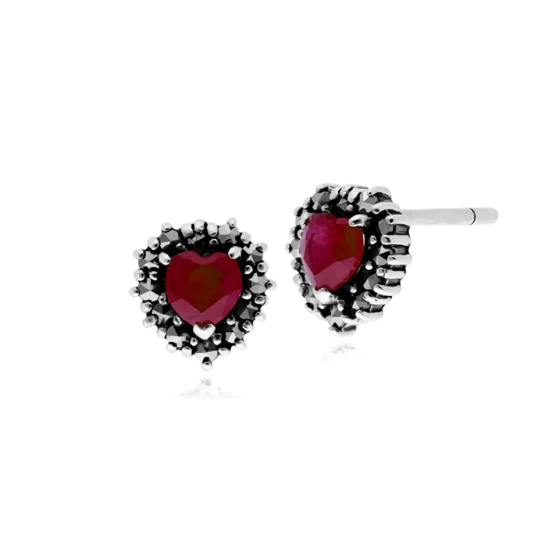 Gemondo Sterling Silver Ruby & Marcasite Heart Stud Earrings sold by Gemondo Jewellery