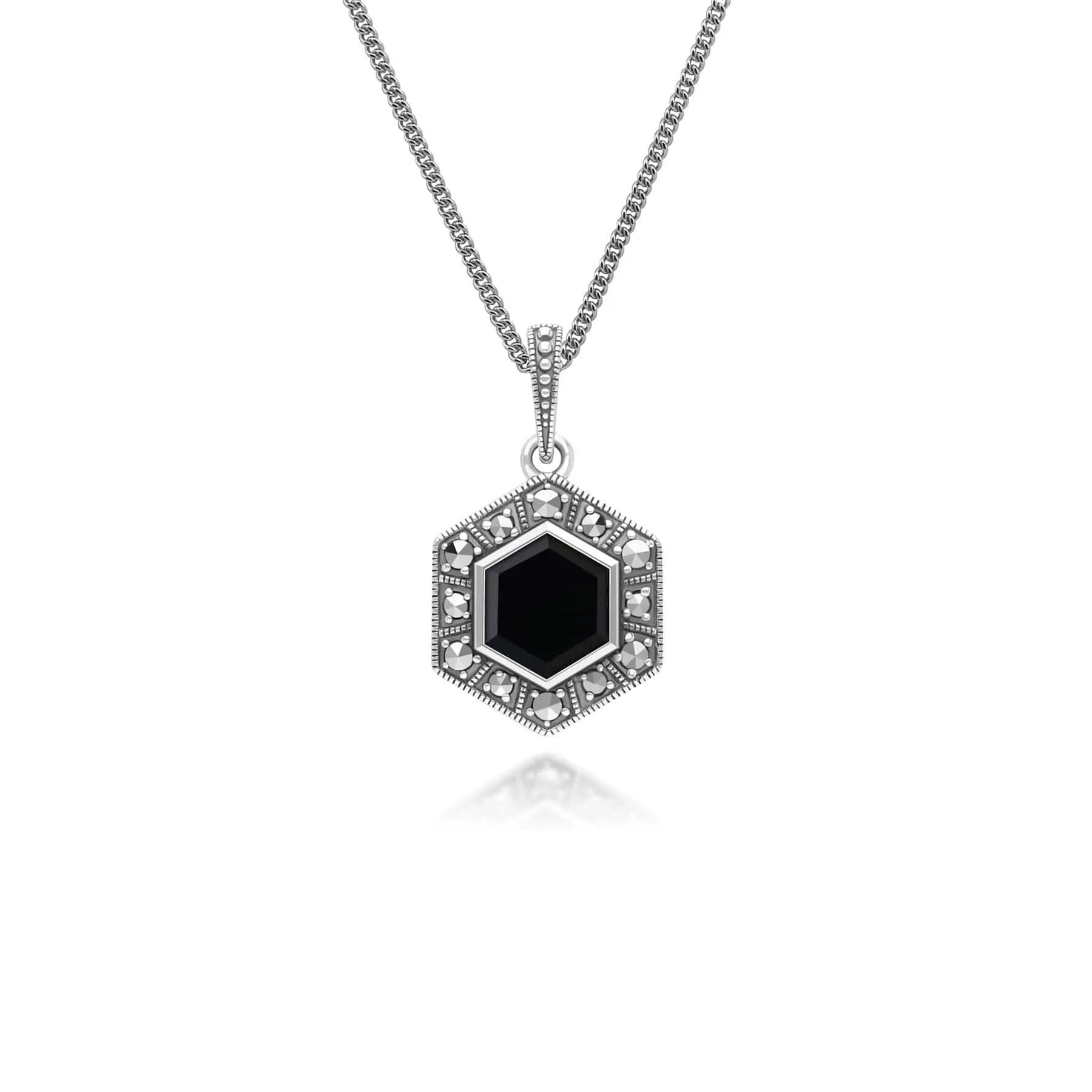 Art Deco Style Hexagon Onyx and Marcasite Pendant Necklace in Sterling Silver sold by Gemondo Jewellery