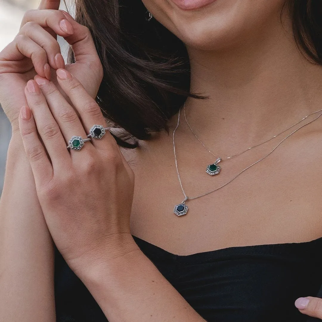 Art Deco Style Hexagon Onyx and Marcasite Pendant Necklace in Sterling Silver sold by Gemondo Jewellery product image thumbnail 2