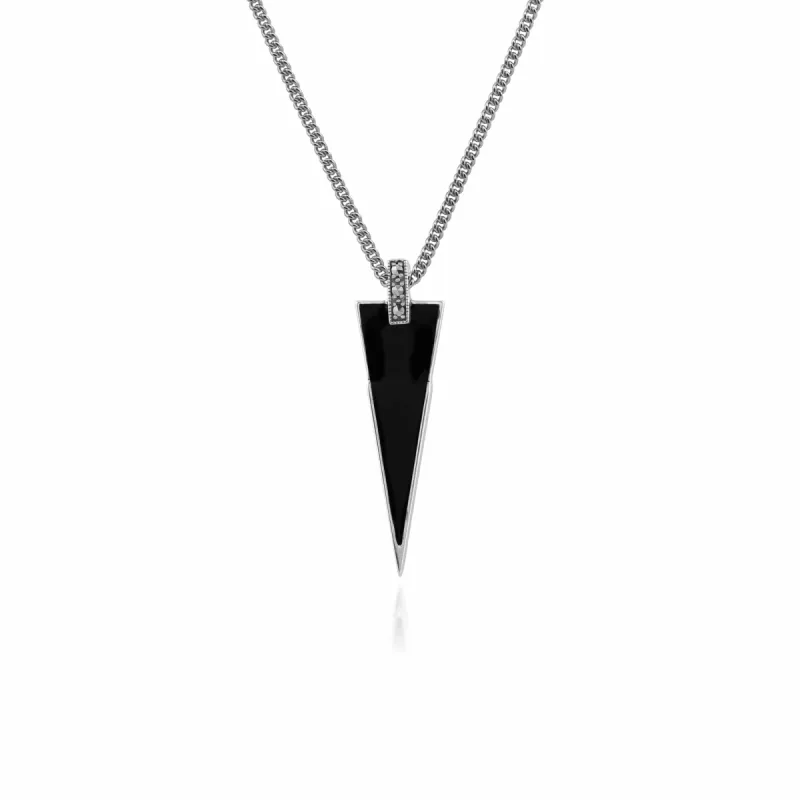 Art Deco Style Black Enamel & Round Marcasite Triangle Pendant in 925 Sterling Silver sold by Gemondo Jewellery