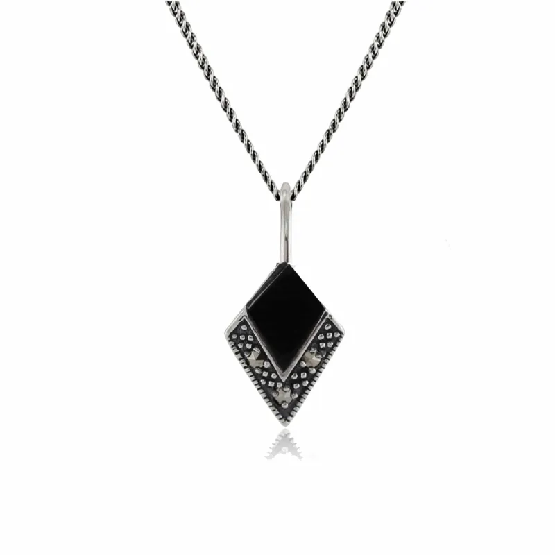 Art Deco Style Cabochon Black Onyx & Marcasite Pendant in 925 Sterling Silver sold by Gemondo Jewellery