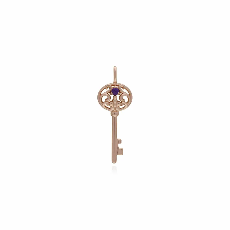 Rose Gold Plated Sterling Silver Amethyst Big Key Charm sold by Gemondo Jewellery
