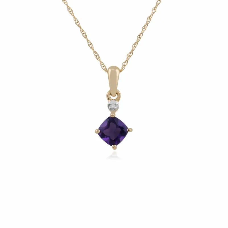 Classic Square Amethyst & Diamond Pendant in 9ct Yellow Gold sold by Gemondo Jewellery