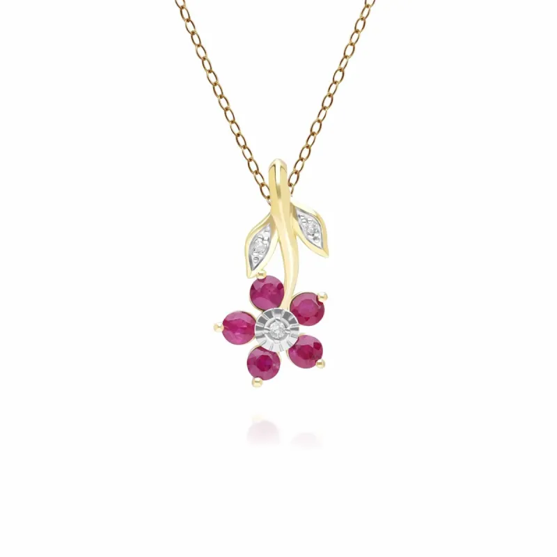 Floral Ruby & Diamond Pendant Necklace in 9ct Yellow Gold sold by Gemondo Jewellery