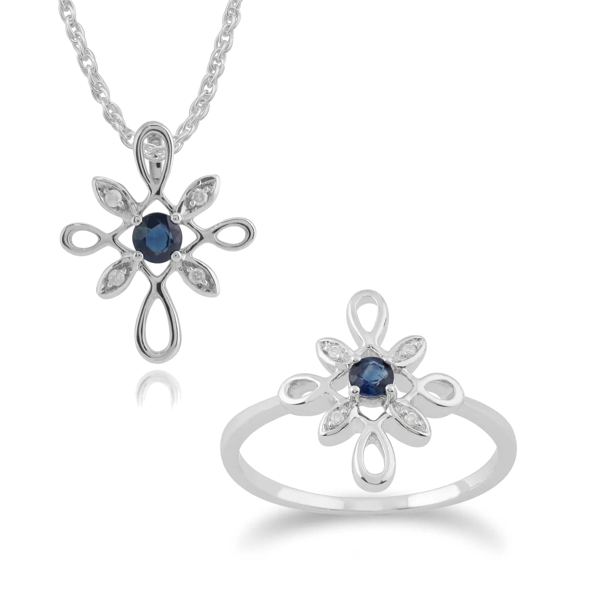 Floral Round Sapphire & Diamond Starburst Pendant & Ring Set in 9ct White Gold sold by Gemondo Jewellery