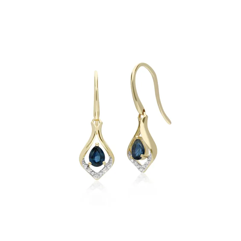 Classic Pear Sapphire & Diamond Leaf Halo Drop Earrings in 9ct Yellow Gold sold by Gemondo Jewellery