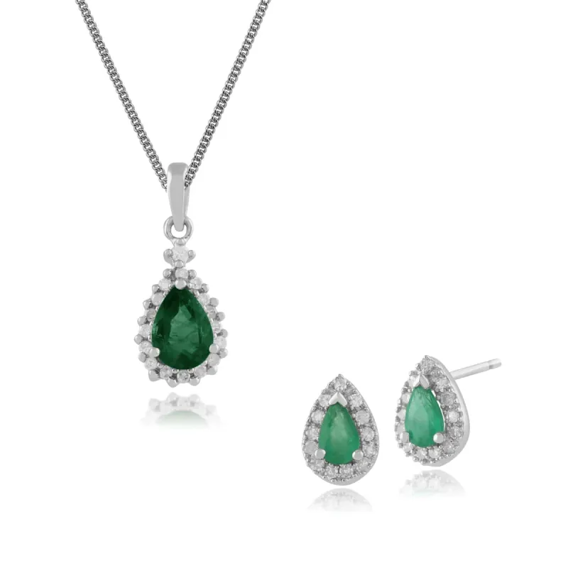 Classic Pear Emerald & Diamond Halo Stud Earrings & Pendant Set in 9ct White Gold sold by Gemondo Jewellery