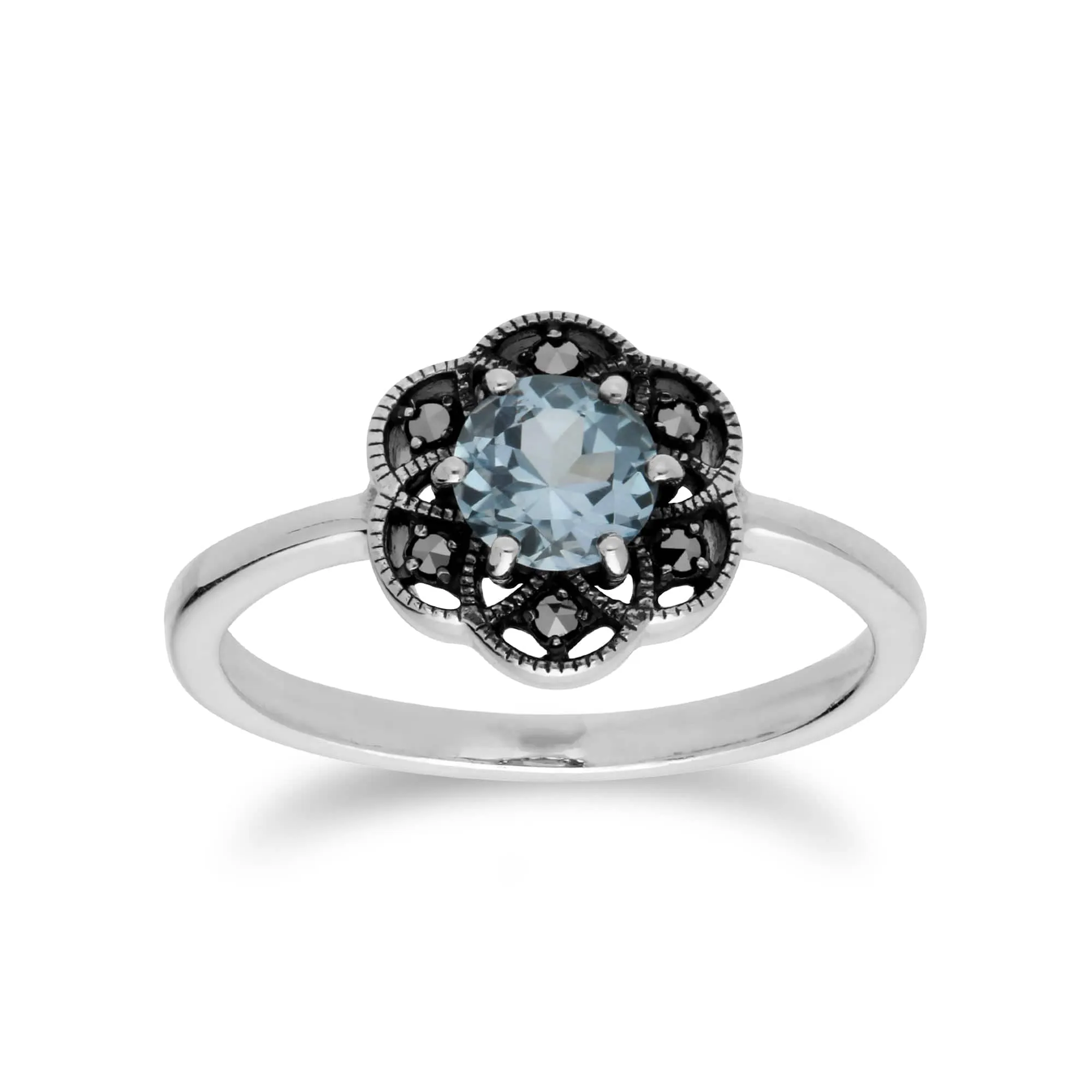 Floral Round Blue Topaz & Marcasite Daisy Ring in 925 Sterling Silver sold by Gemondo Jewellery