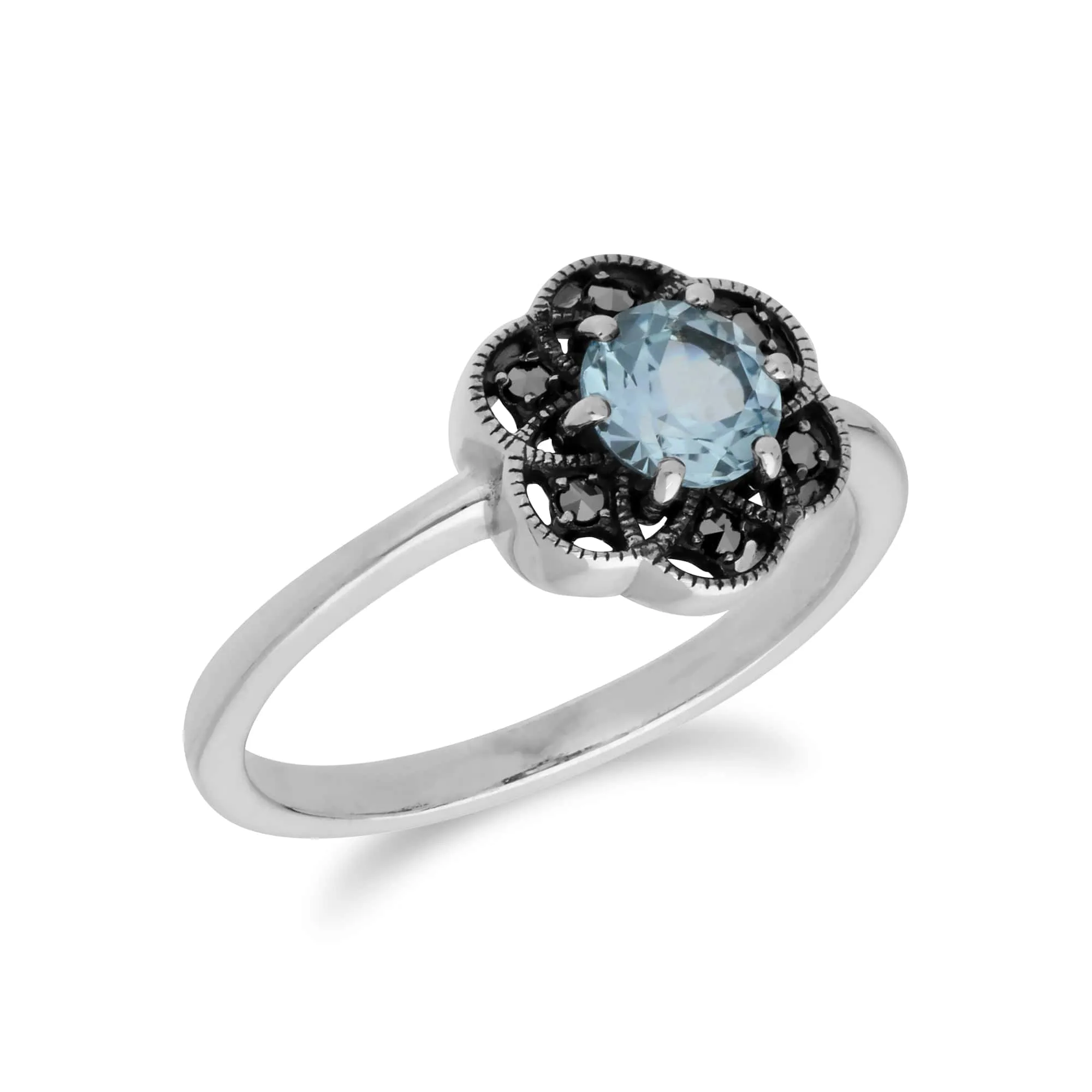 Floral Round Blue Topaz & Marcasite Daisy Ring in 925 Sterling Silver sold by Gemondo Jewellery product image thumbnail 2