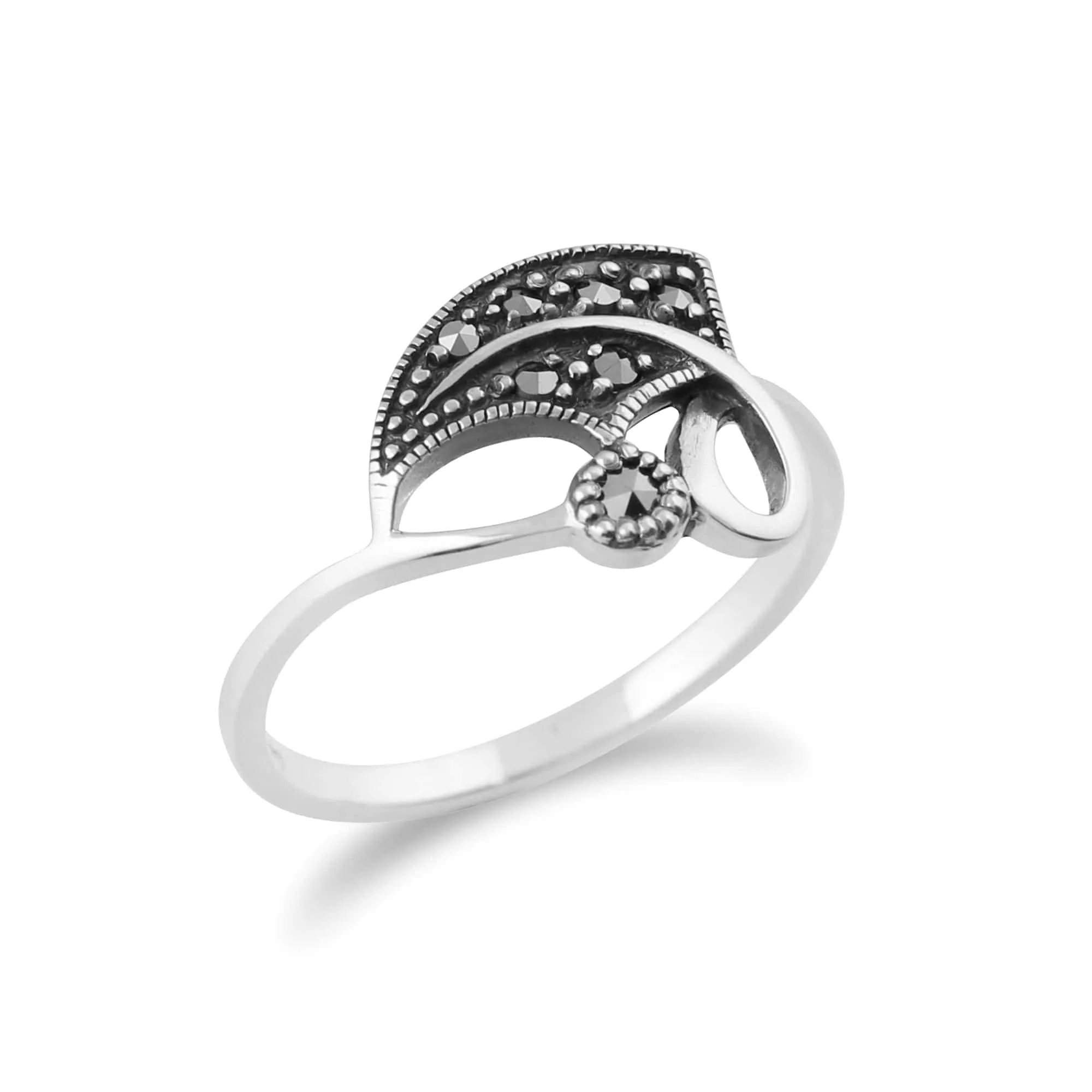 Art Nouveau Style Round Marcasite Leaf Wrap Ring in 925 Sterling Silver sold by Gemondo Jewellery product image thumbnail 2