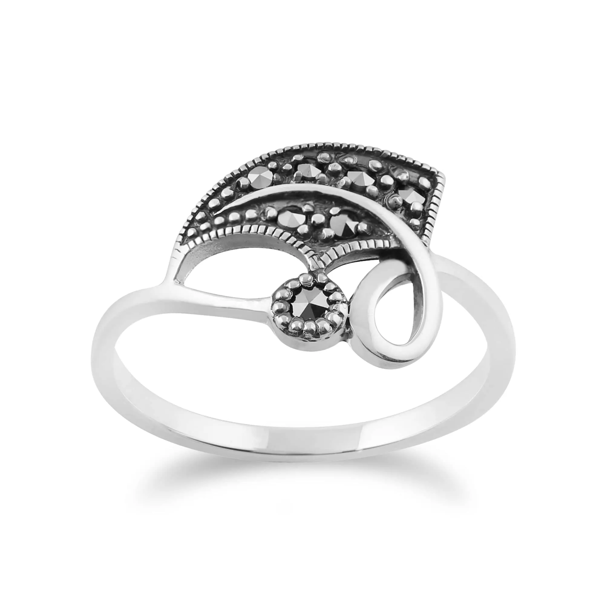 Art Nouveau Style Round Marcasite Leaf Wrap Ring in 925 Sterling Silver sold by Gemondo Jewellery