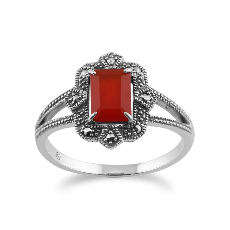 Art Deco Style Baguette Carnelian & Marcasite Ring in 925 Sterling Silver sold by Gemondo Jewellery